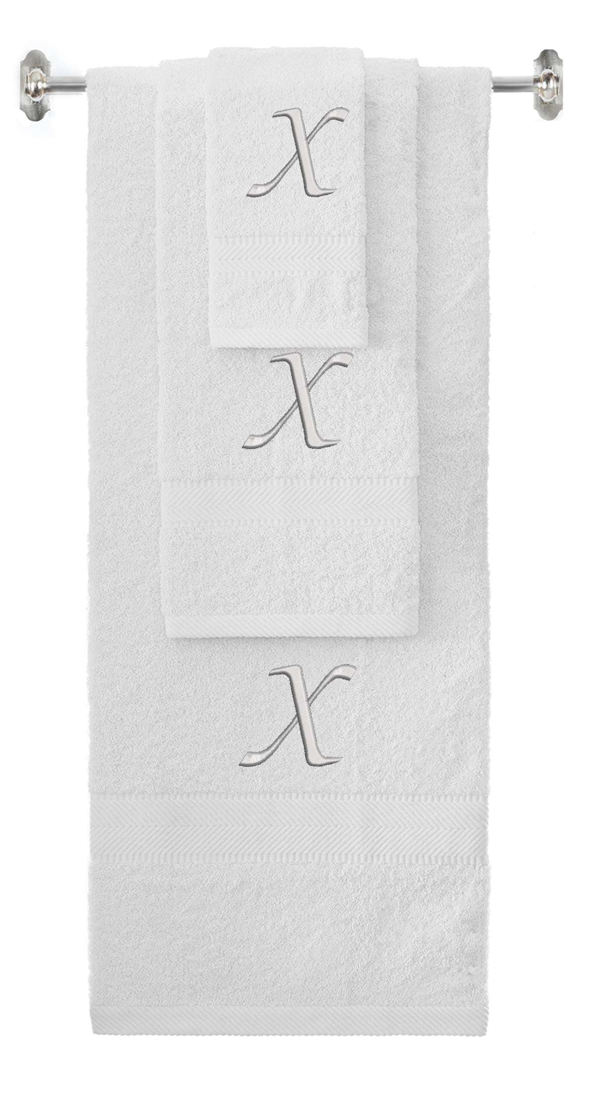 White monogrammed towel set with Silver thread, Chancery font, initial X - 540 GSM cotton 3-piece