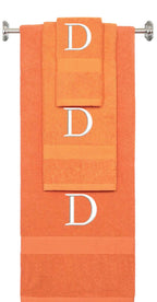 Orange monogrammed towel set with White thread, Times New Roman font, initial D - 540 GSM cotton 3-piece