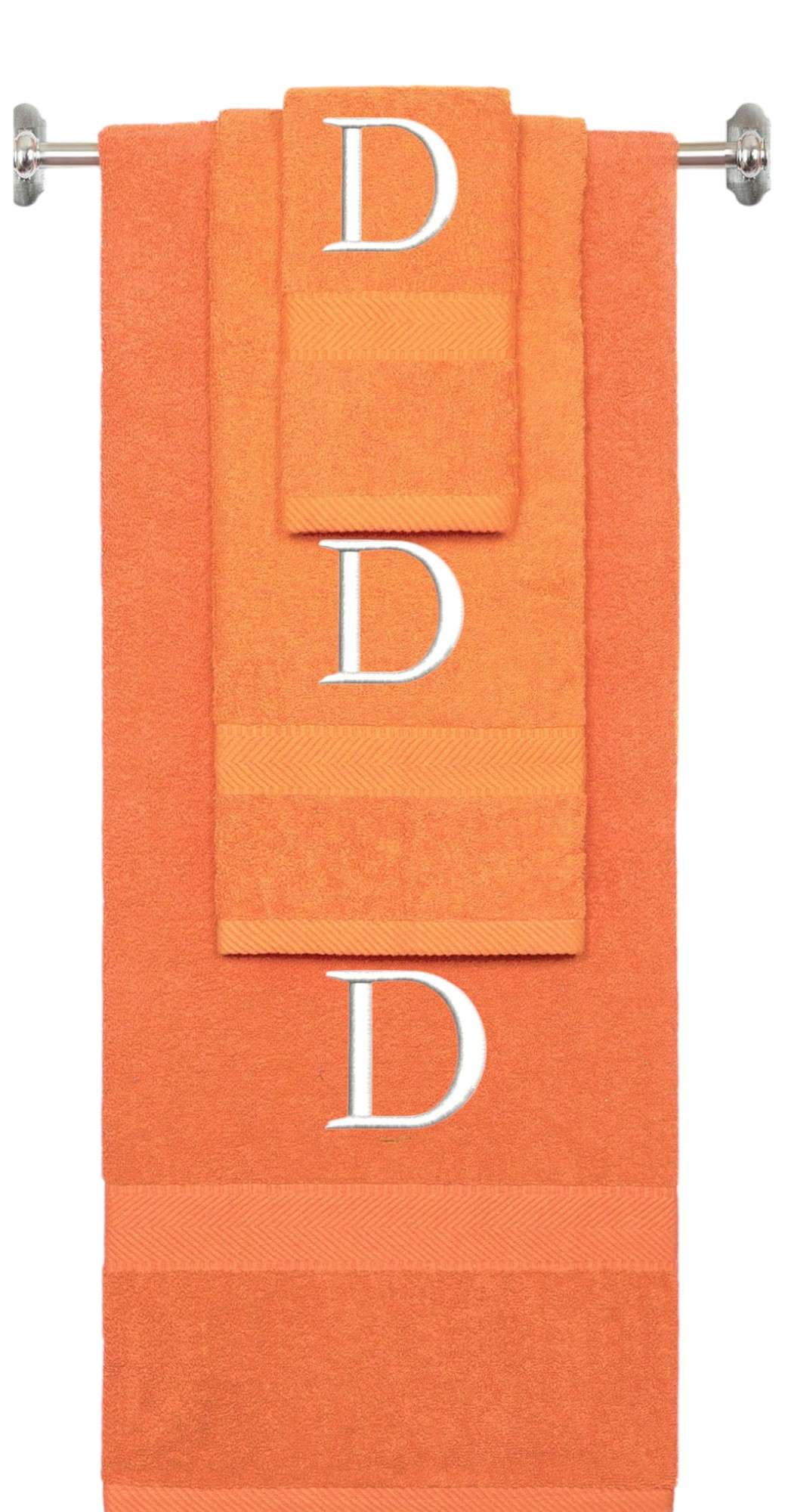 Orange monogrammed towel set with White thread, Times New Roman font, initial D - 540 GSM cotton 3-piece