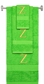 Lime monogrammed towel set with Gold thread, Times New Roman font, initial Z - 540 GSM cotton 3-piece