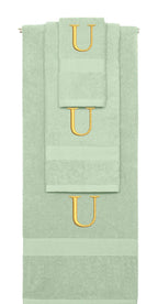Mint Green monogrammed towel set with Gold thread, Times New Roman font, initial U - 540 GSM cotton 3-piece