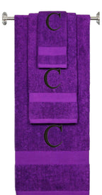 Purple monogrammed towel set with Gold thread, Times New Roman font, initial C - 540 GSM cotton 3-piece