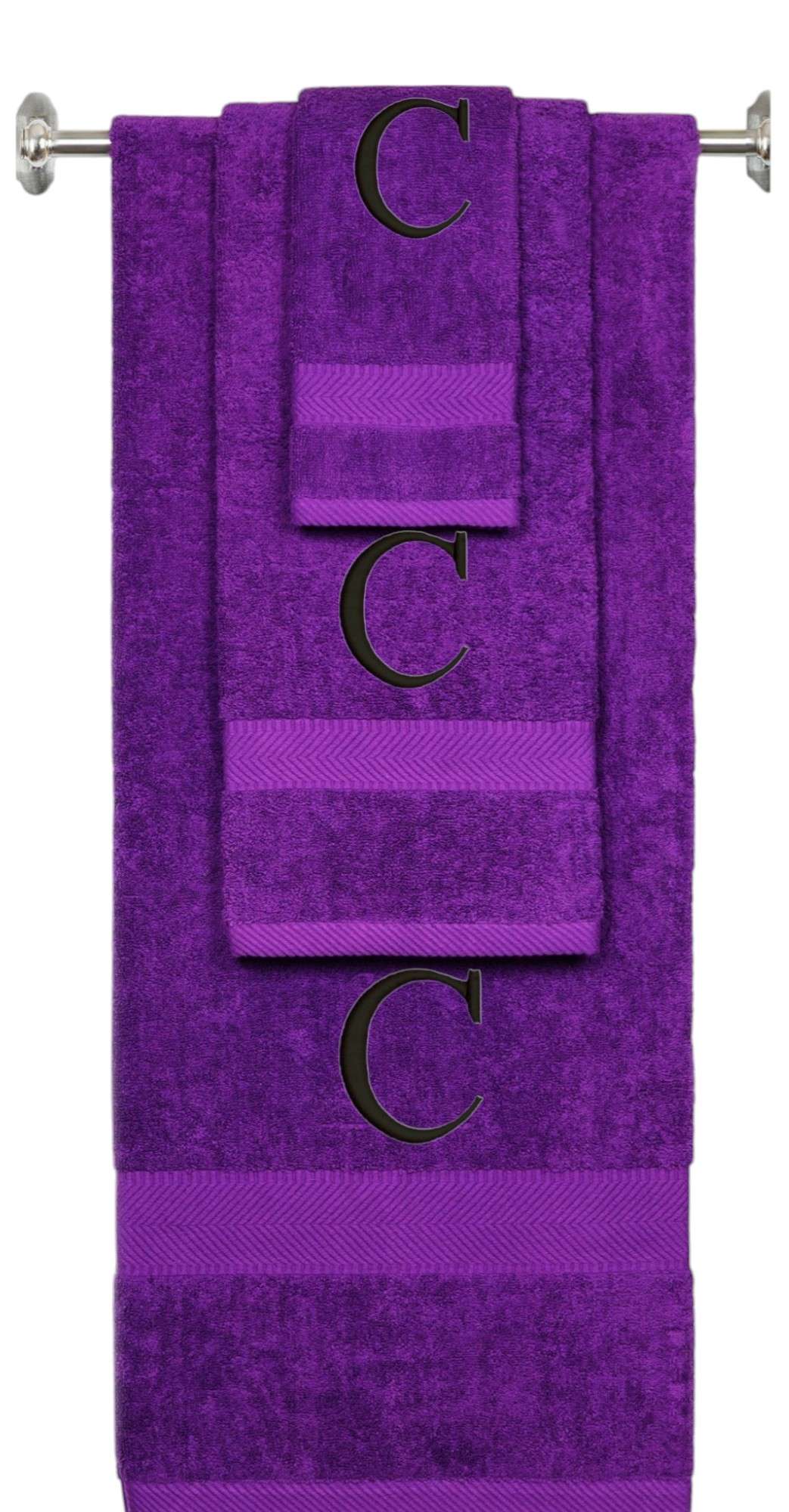 Purple monogrammed towel set with Gold thread, Times New Roman font, initial C - 540 GSM cotton 3-piece