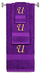 Purple monogrammed towel set with Gold thread, Chancery font, initial U - 540 GSM cotton 3-piece