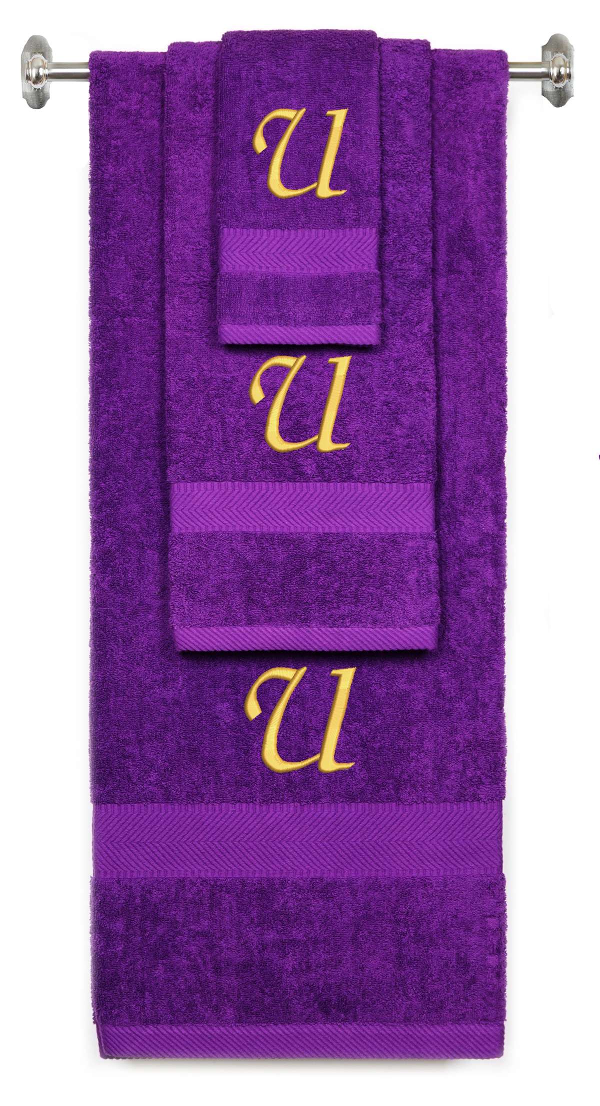Purple monogrammed towel set with Gold thread, Chancery font, initial U - 540 GSM cotton 3-piece