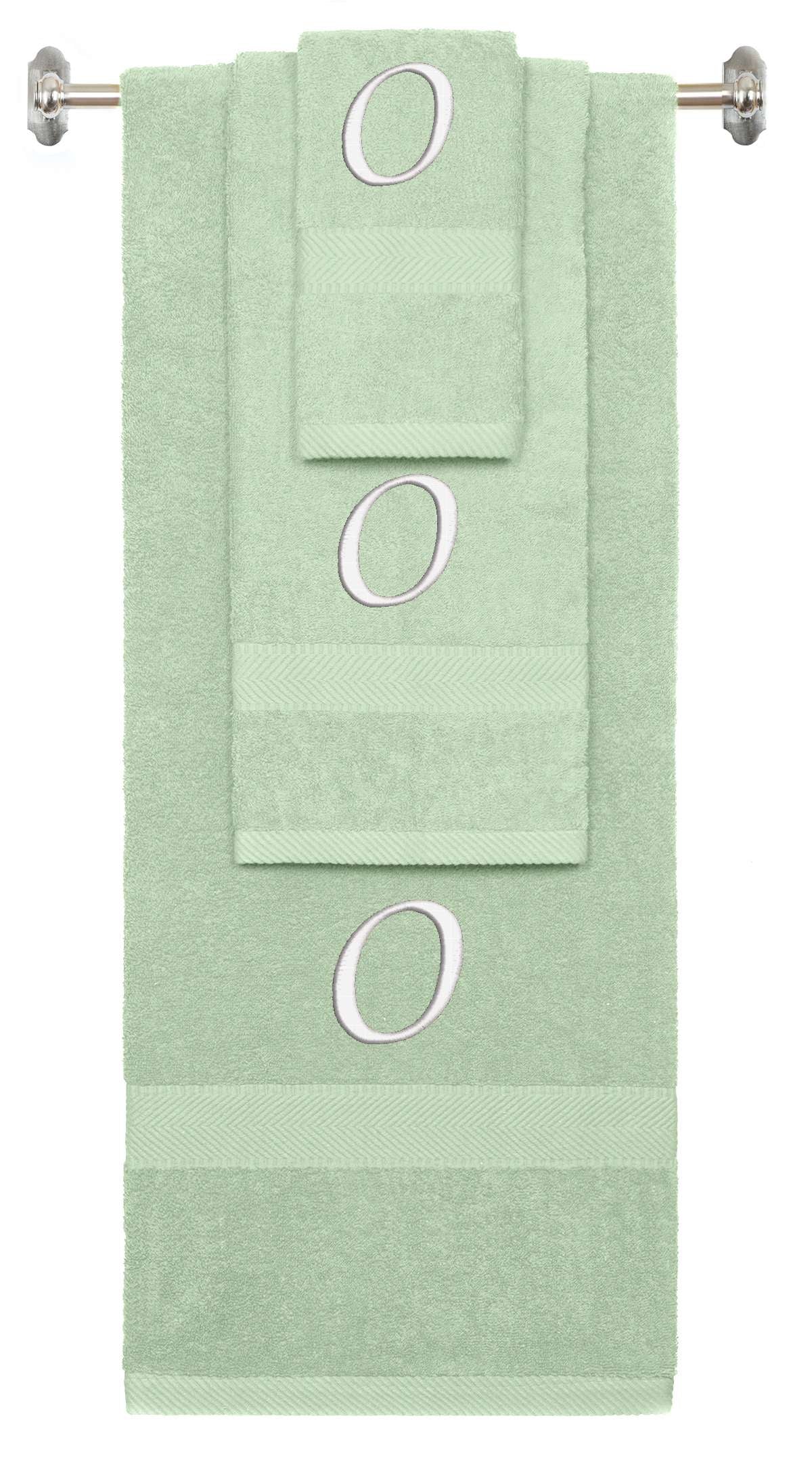 Mint Green monogrammed towel set with White thread, Chancery font, initial O - 540 GSM cotton 3-piece