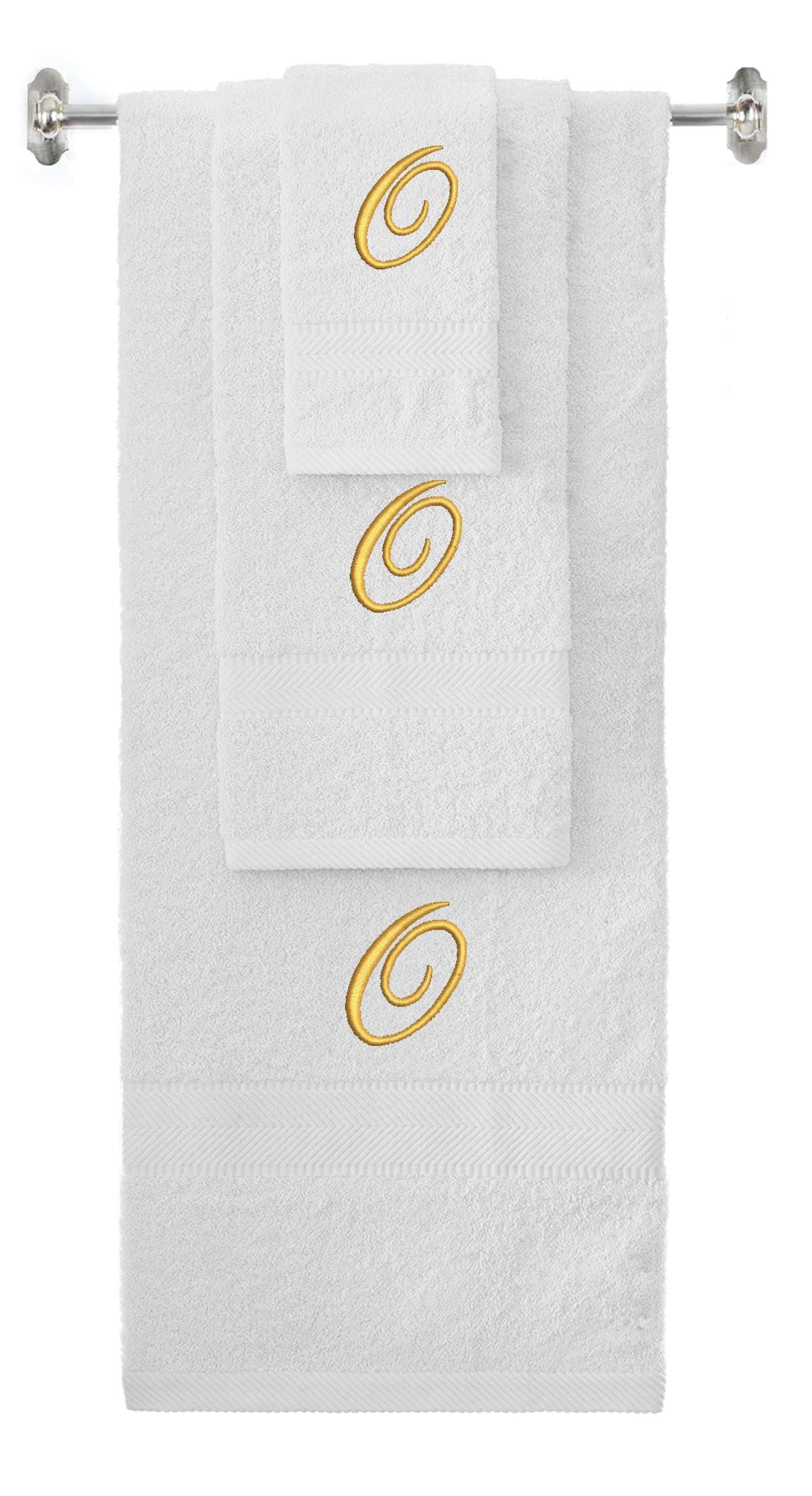 White monogrammed towel set with Gold thread, Diana Script font, initial O - 540 GSM cotton 3-piece