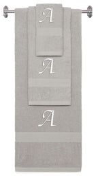 Silver monogrammed towel set with White thread, Chancery font, initial A - 540 GSM cotton 3-piece
