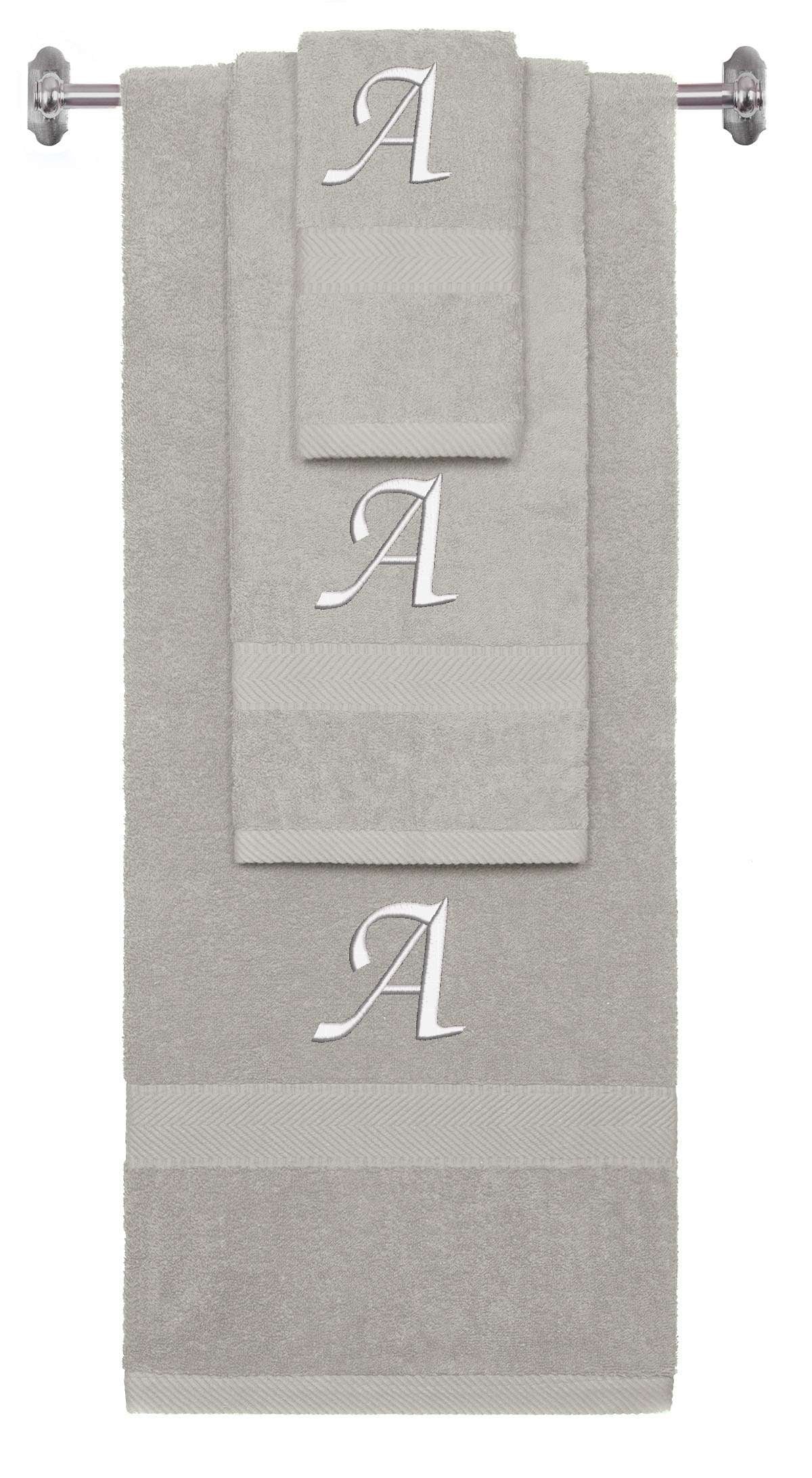 Silver monogrammed towel set with White thread, Chancery font, initial A - 540 GSM cotton 3-piece