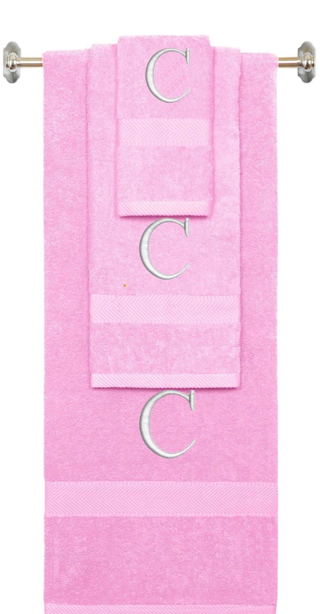 Pink monogrammed towel set with White thread, Times New Roman font, initial C - 540 GSM cotton 3-piece