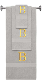 Silver monogrammed towel set with Gold thread, Times New Roman font, initial B - 540 GSM cotton 3-piece