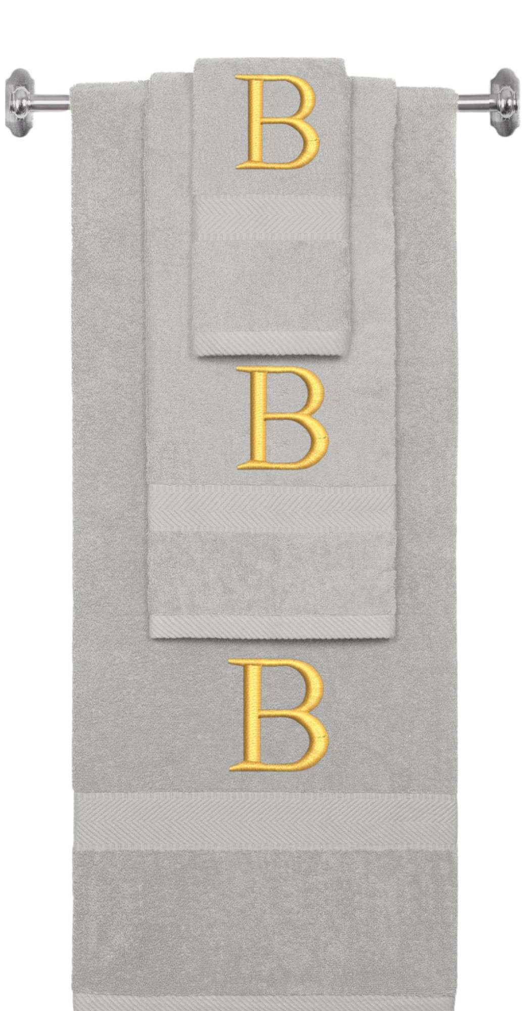 Silver monogrammed towel set with Gold thread, Times New Roman font, initial B - 540 GSM cotton 3-piece