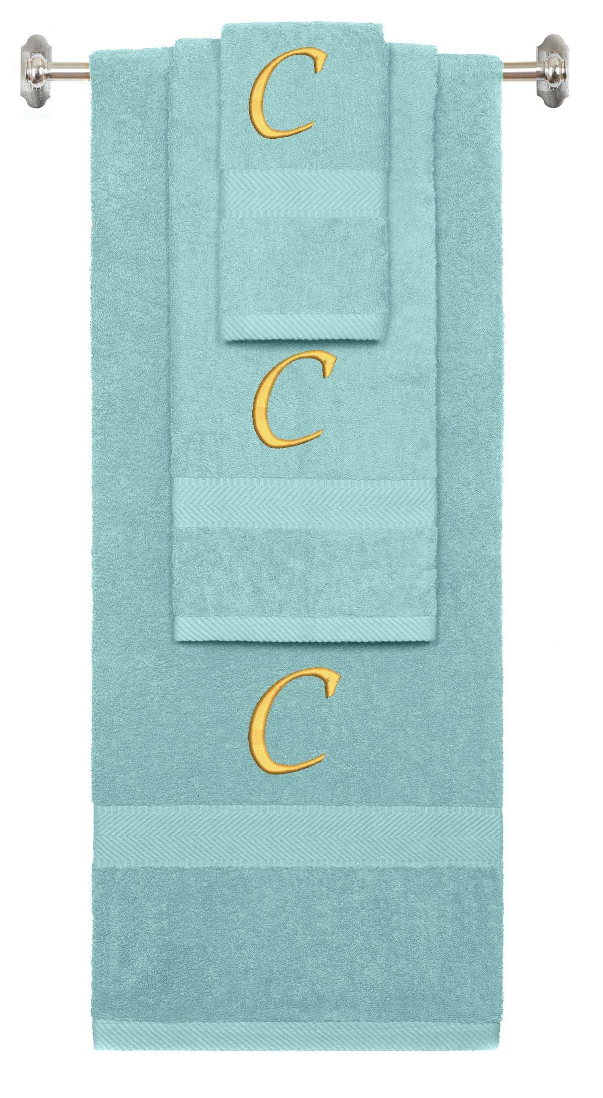 Nautical Teal monogrammed towel set with Gold thread, Chancery font, initial C - 540 GSM cotton 3-piece