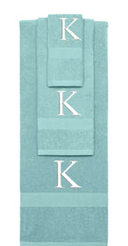 Nautical Teal monogrammed towel set with White thread, Times New Roman font, initial K - 540 GSM cotton 3-piece