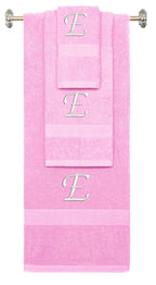 Pink monogrammed towel set with White thread, Chancery font, initial E - 540 GSM cotton 3-piece