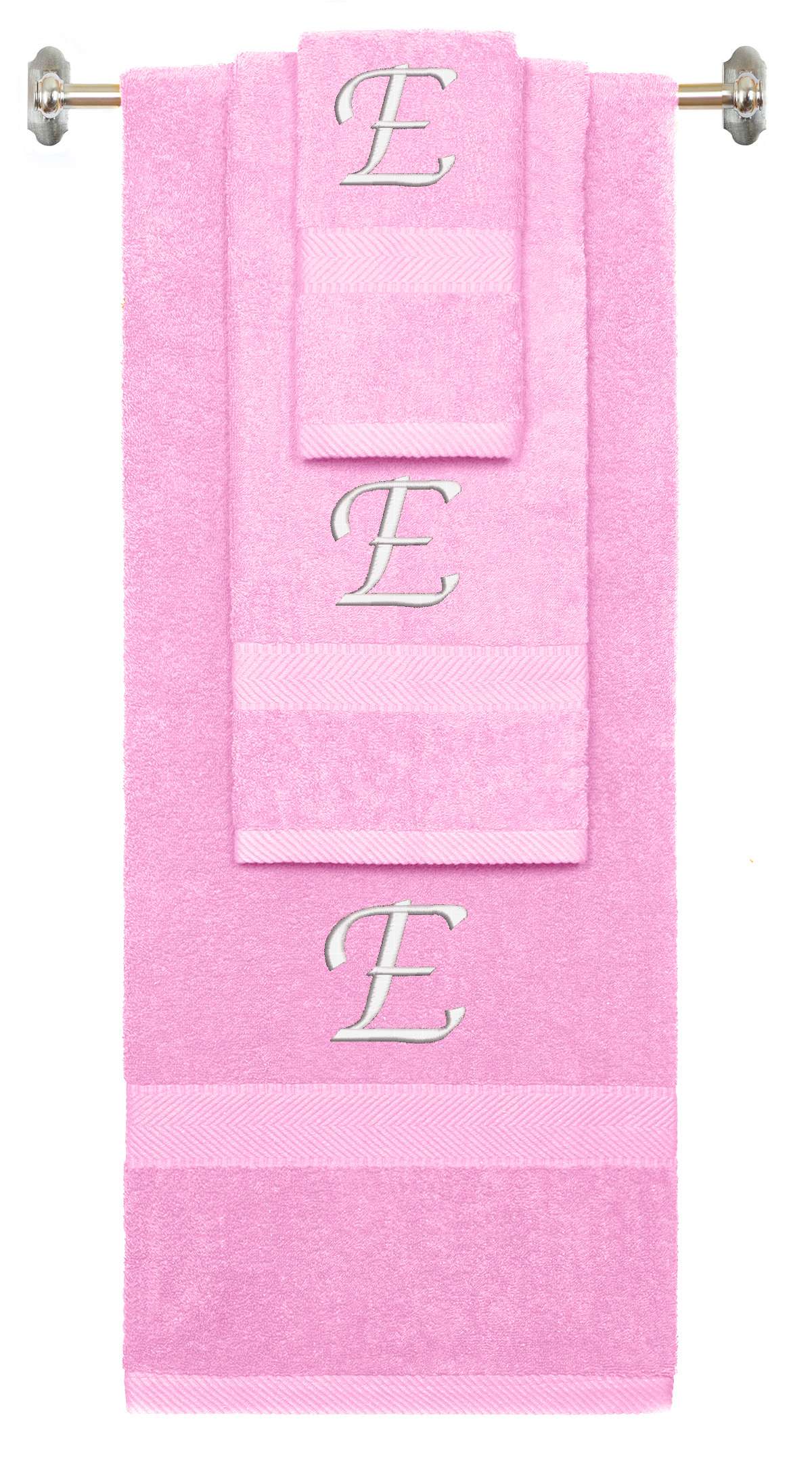 Pink monogrammed towel set with White thread, Chancery font, initial E - 540 GSM cotton 3-piece