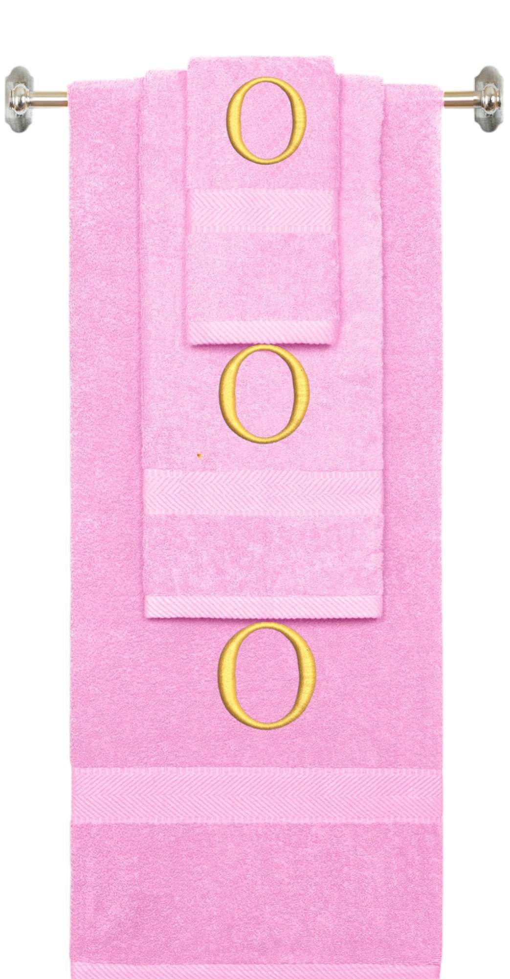Pink monogrammed towel set with Silver thread, Times New Roman font, initial O - 540 GSM cotton 3-piece