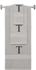 Silver monogrammed towel set with Black thread, Times New Roman font, initial T - 540 GSM cotton 3-piece
