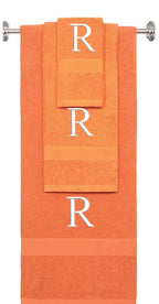 Orange monogrammed towel set with White thread, Times New Roman font, initial R - 540 GSM cotton 3-piece