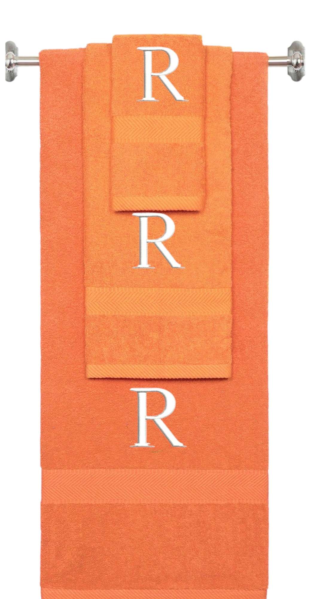 Orange monogrammed towel set with White thread, Times New Roman font, initial R - 540 GSM cotton 3-piece