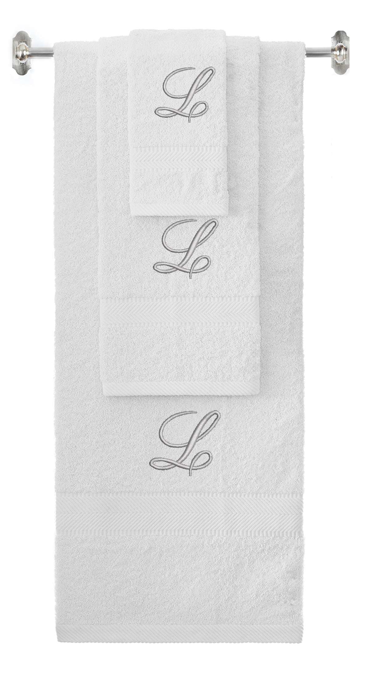 White monogrammed towel set with Silver thread, Diana Script font, initial L - 540 GSM cotton 3-piece