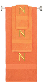 Orange monogrammed towel set with Gold thread, Times New Roman font, initial N - 540 GSM cotton 3-piece