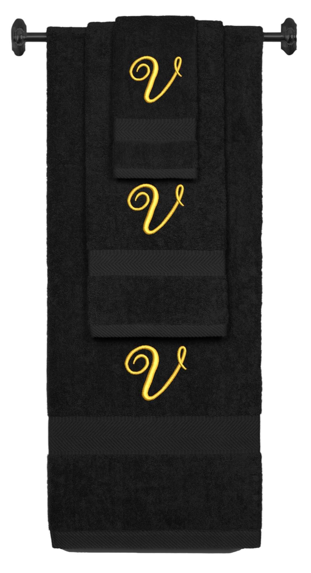 Black monogrammed towel set with Gold thread, Diana Script font, initial V - 540 GSM cotton 3-piece