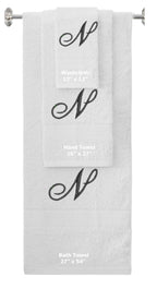 White monogrammed towel set with Black thread, Diana Script font, initial N - 540 GSM cotton 3-piece