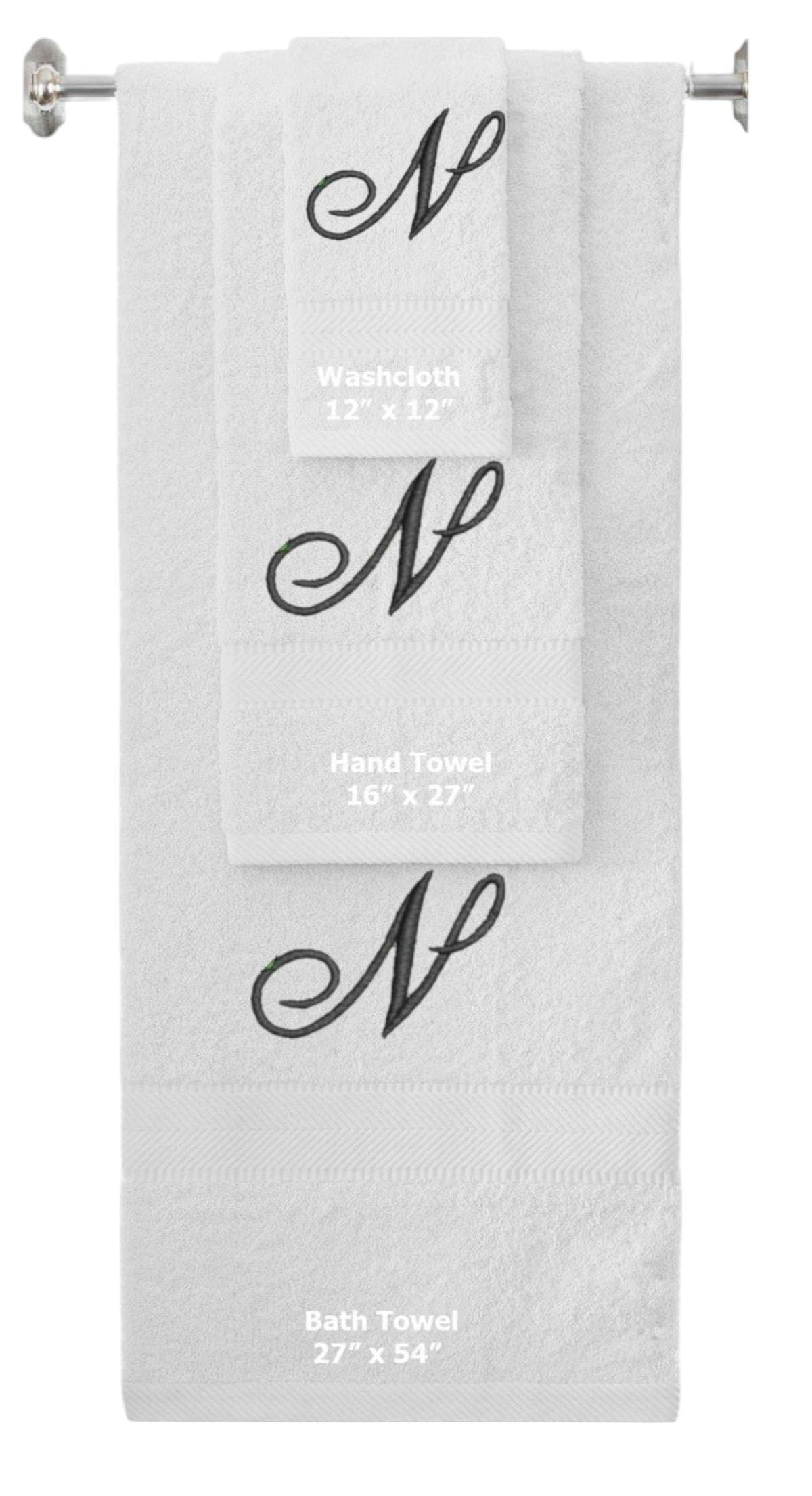 White monogrammed towel set with Black thread, Diana Script font, initial N - 540 GSM cotton 3-piece