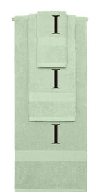 Mint Green monogrammed towel set with Black thread, Times New Roman font, initial I - 540 GSM cotton 3-piece