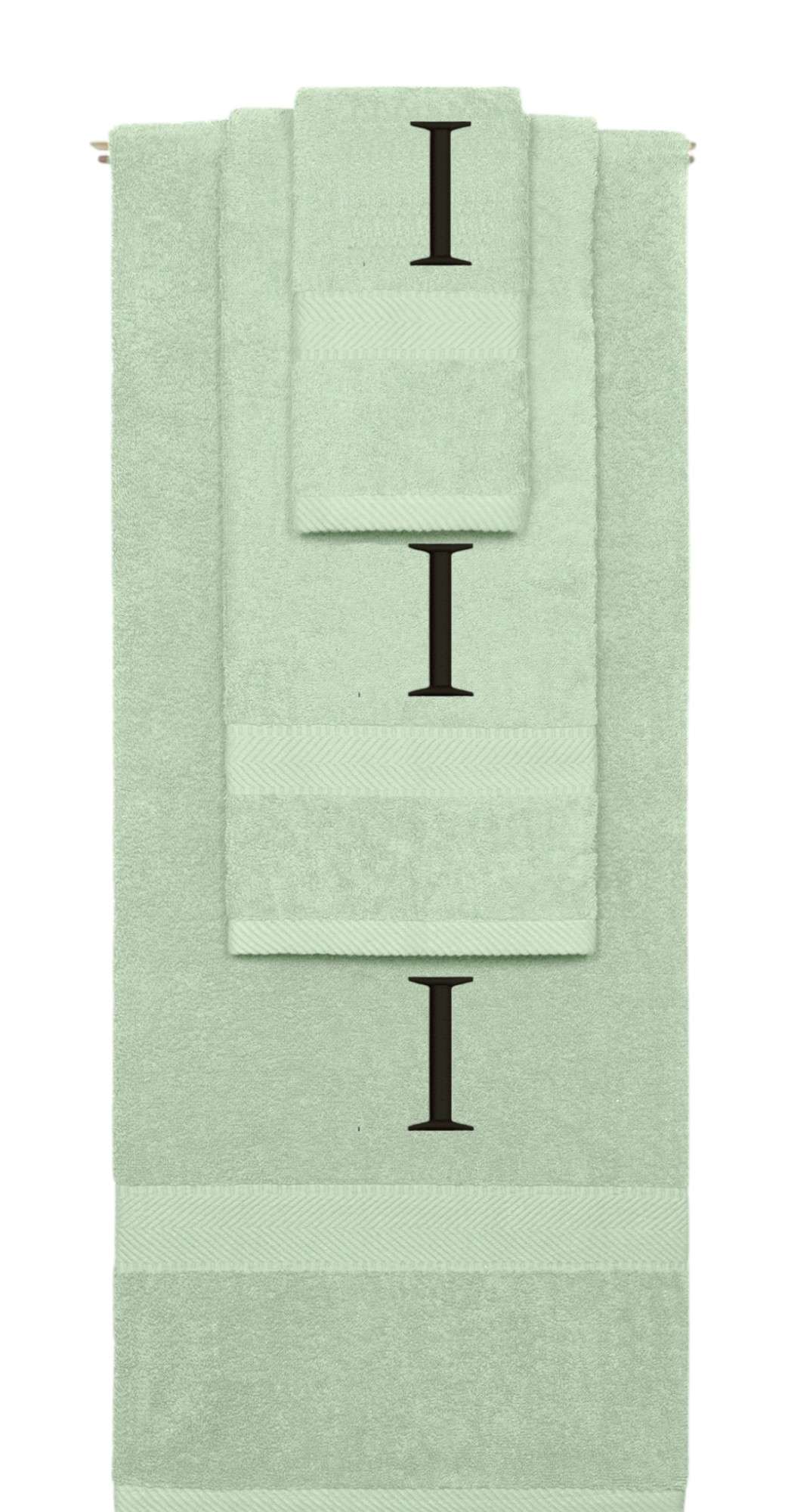 Mint Green monogrammed towel set with Black thread, Times New Roman font, initial I - 540 GSM cotton 3-piece