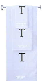 White monogrammed towel set with Black thread, Times New Roman font, initial T - 540 GSM cotton 3-piece