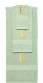 Mint Green monogrammed towel set with Gold thread, Times New Roman font, initial E - 540 GSM cotton 3-piece
