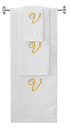 White monogrammed towel set with Gold thread, Diana Script font, initial V - 540 GSM cotton 3-piece