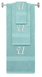 Nautical Teal monogrammed towel set with White thread, Chancery font, initial U - 540 GSM cotton 3-piece
