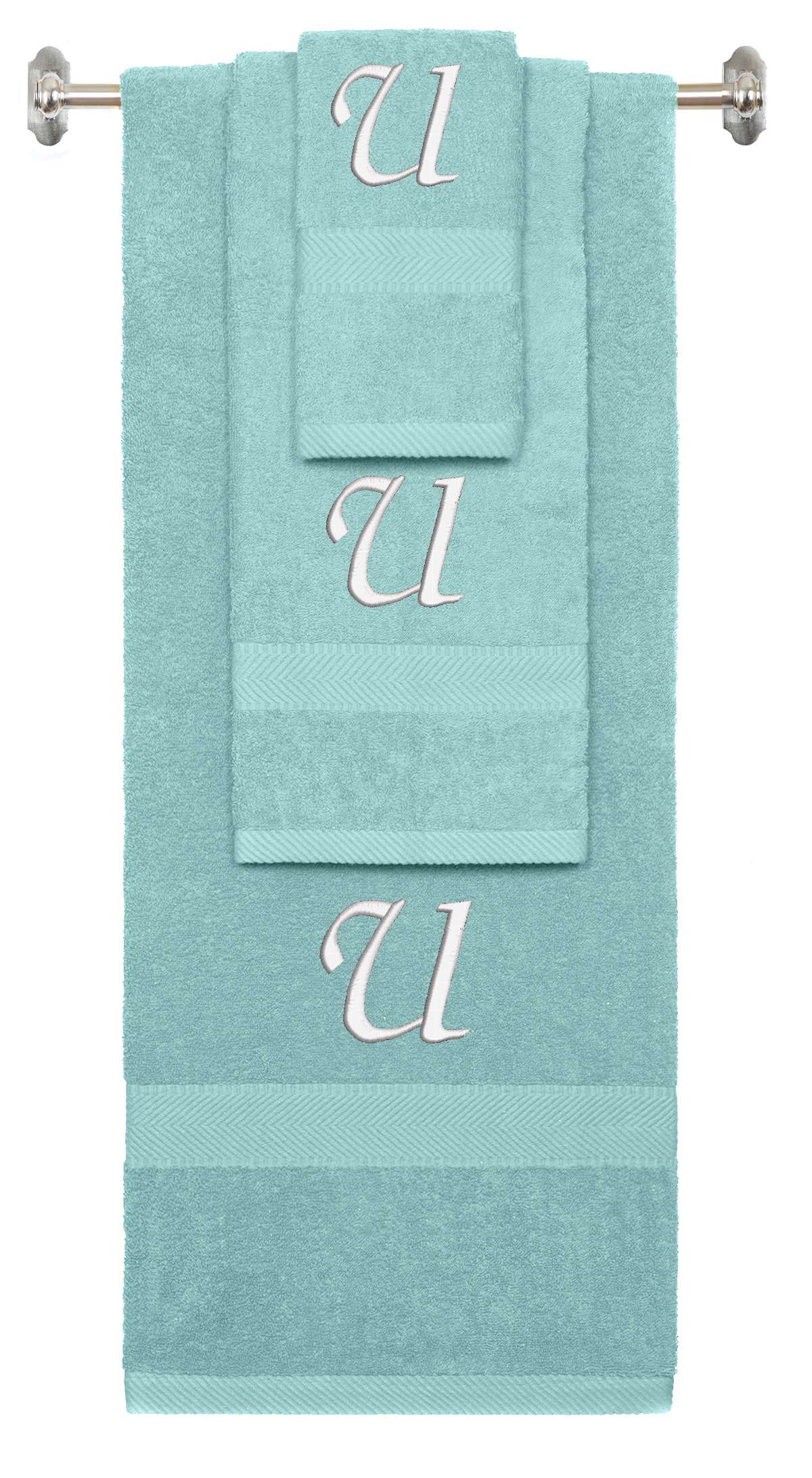 Nautical Teal monogrammed towel set with White thread, Chancery font, initial U - 540 GSM cotton 3-piece