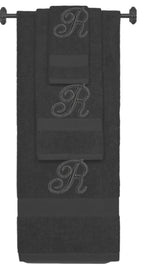 Charcoal monogrammed towel set with Black thread, Diana Script font, initial R - 540 GSM cotton 3-piece