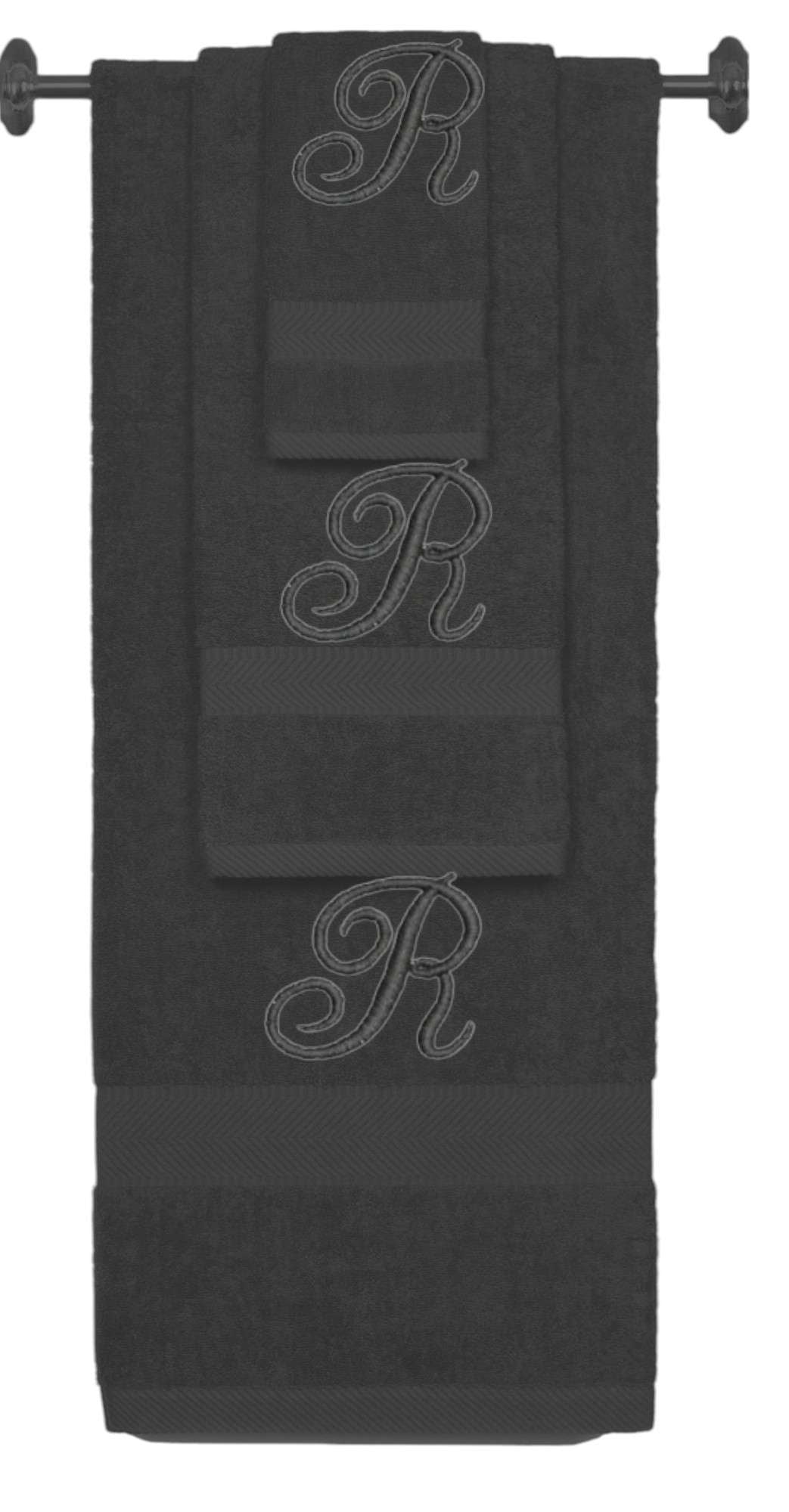Charcoal monogrammed towel set with Black thread, Diana Script font, initial R - 540 GSM cotton 3-piece