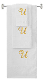White monogrammed towel set with Gold thread, Diana Script font, initial U - 540 GSM cotton 3-piece