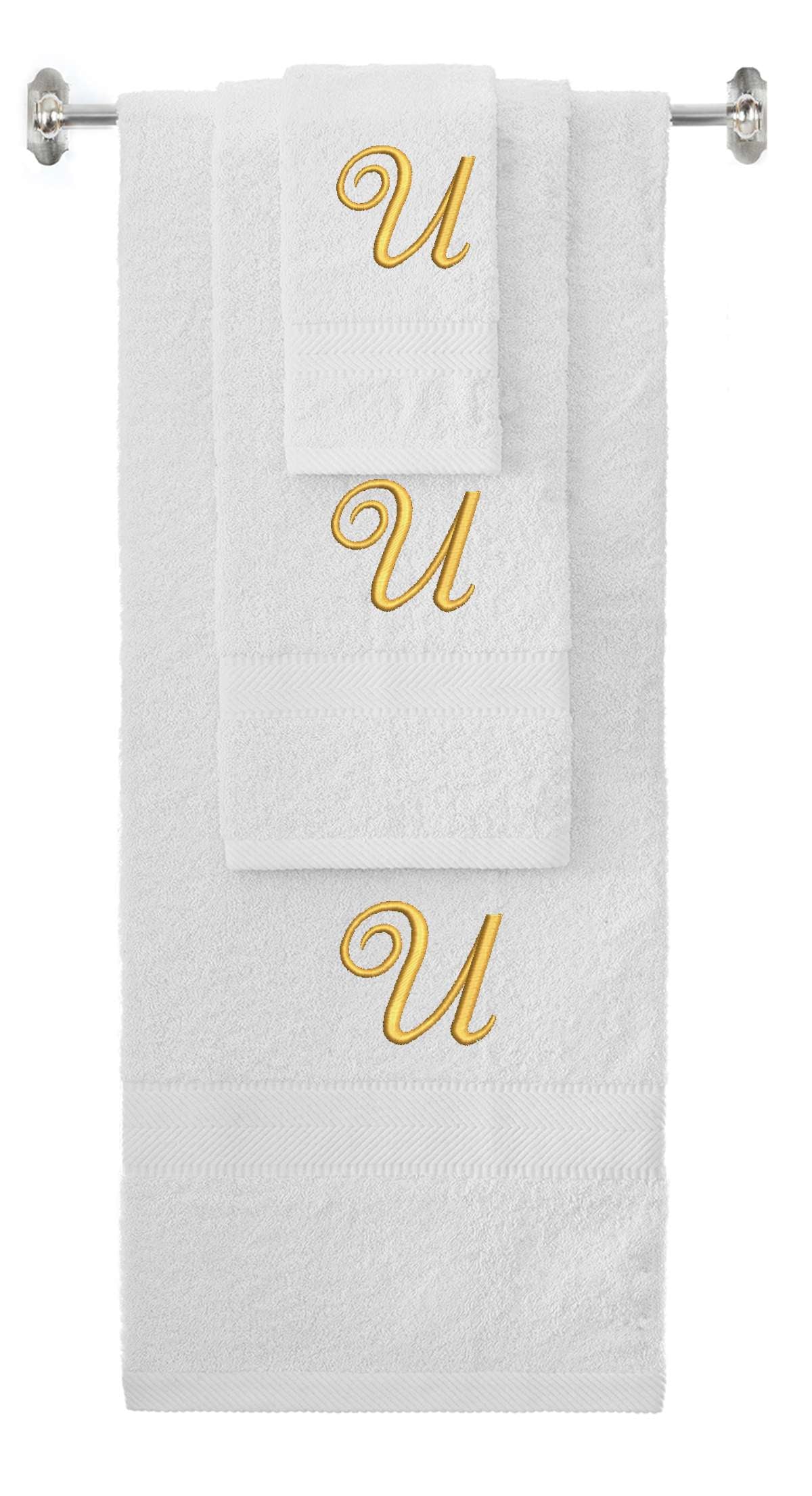 White monogrammed towel set with Gold thread, Diana Script font, initial U - 540 GSM cotton 3-piece