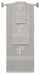 Silver monogrammed towel set with White thread, Chancery font, initial P - 540 GSM cotton 3-piece