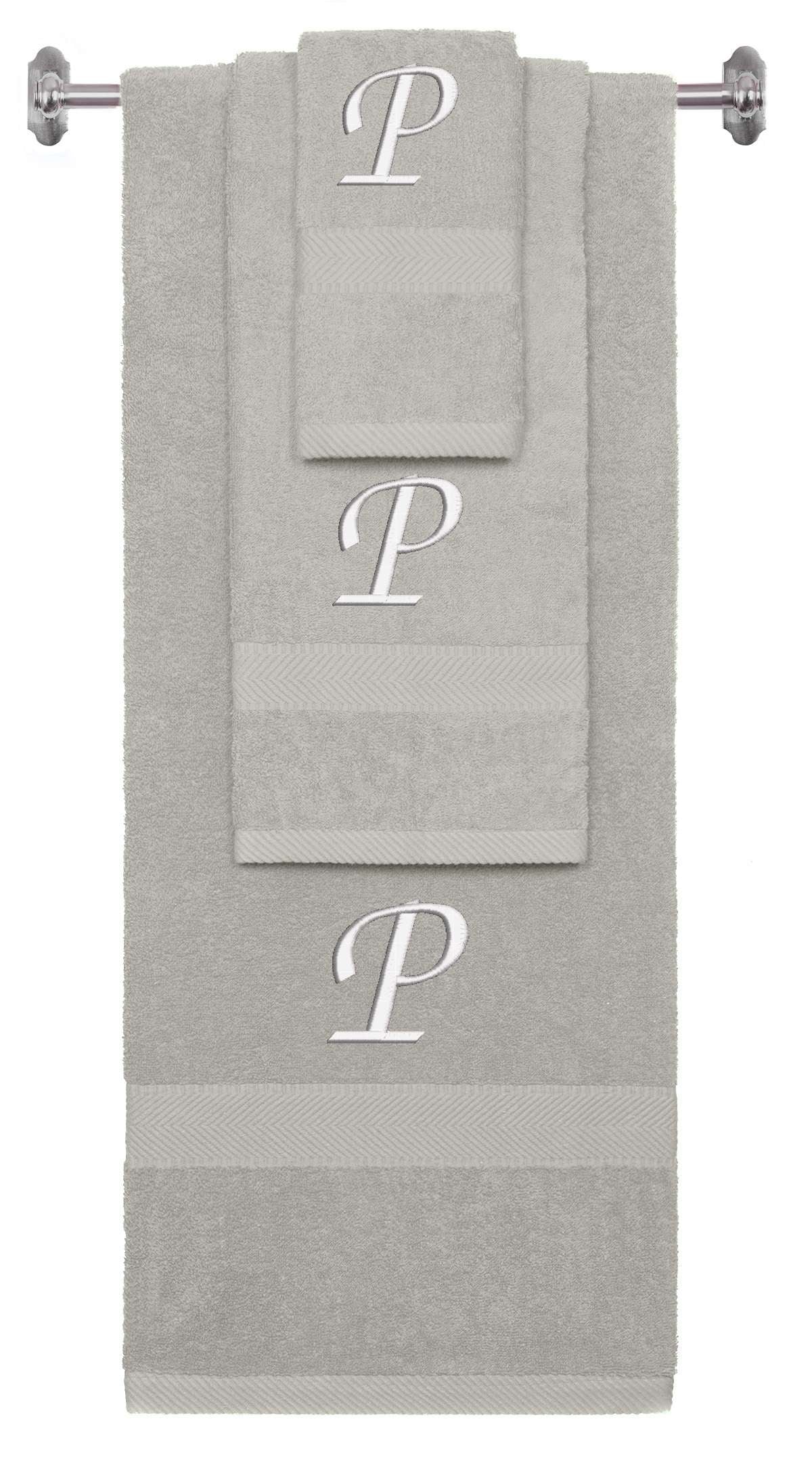 Silver monogrammed towel set with White thread, Chancery font, initial P - 540 GSM cotton 3-piece