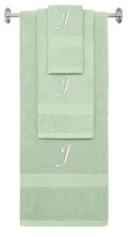Mint Green monogrammed towel set with White thread, Chancery font, initial J - 540 GSM cotton 3-piece