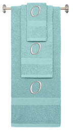 Nautical Teal monogrammed towel set with Silver thread, Chancery font, initial O - 540 GSM cotton 3-piece