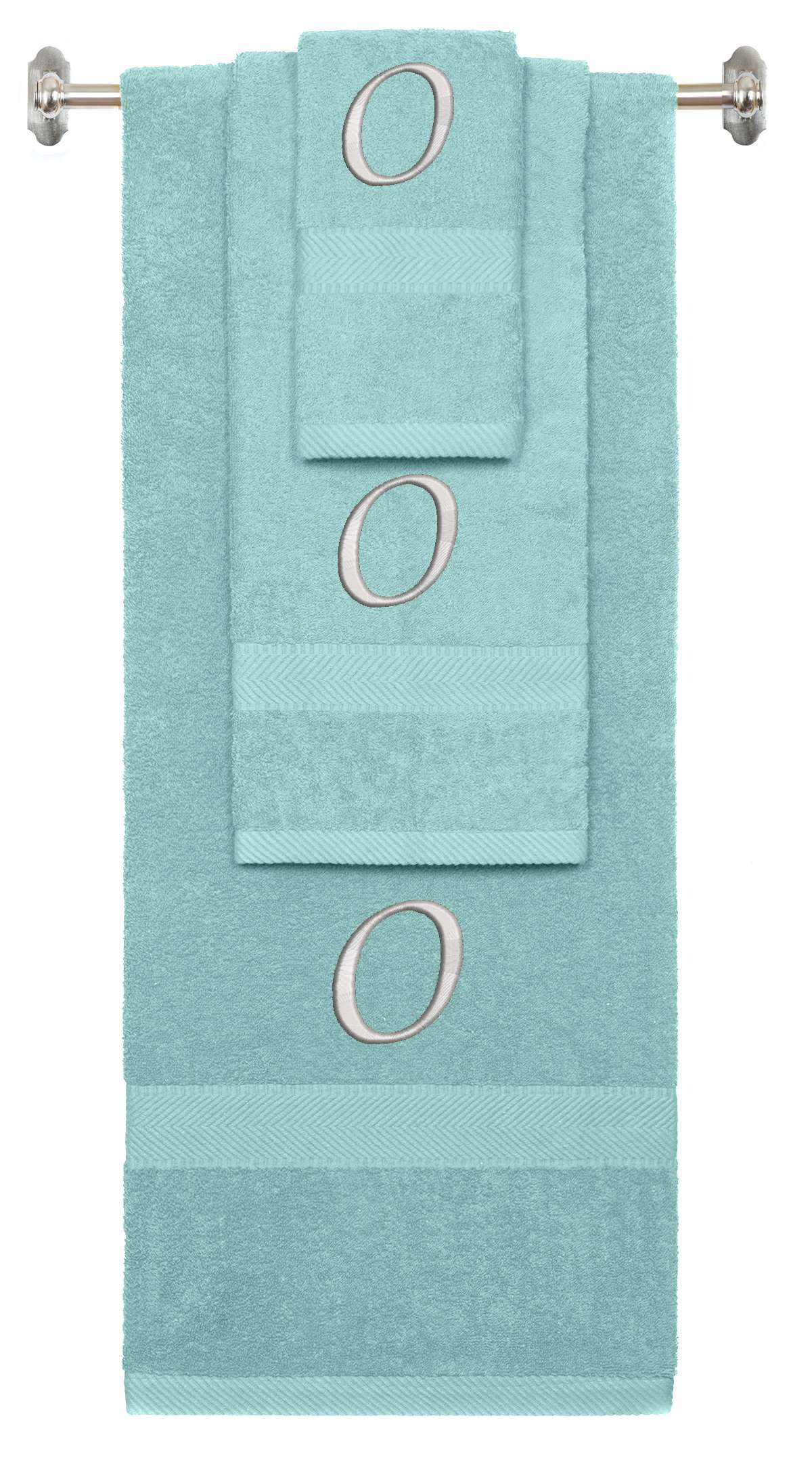 Nautical Teal monogrammed towel set with Silver thread, Chancery font, initial O - 540 GSM cotton 3-piece