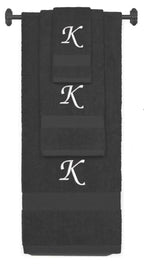 Charcoal monogrammed towel set with White thread, Chancery font, initial K - 540 GSM cotton 3-piece