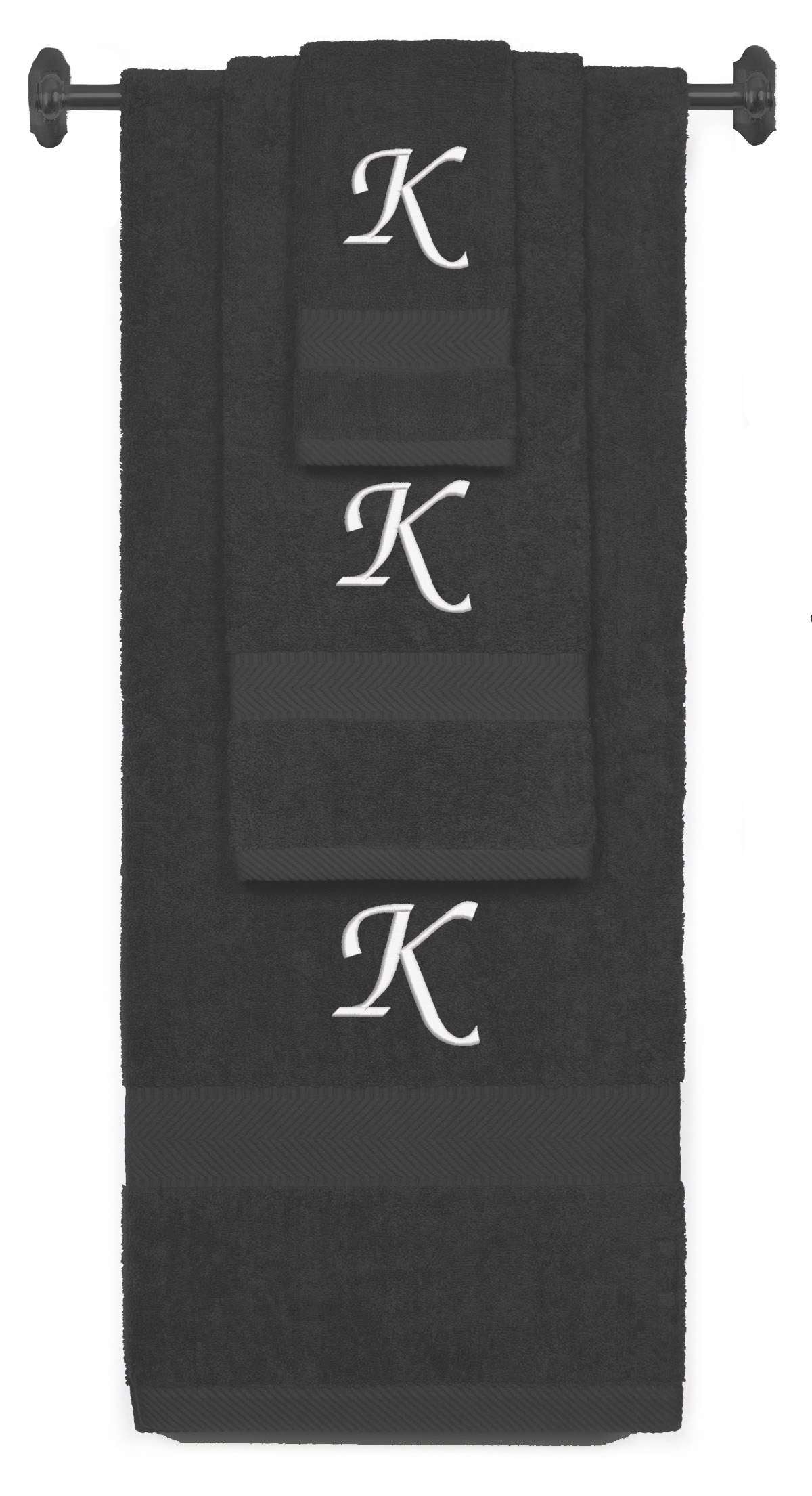Charcoal monogrammed towel set with White thread, Chancery font, initial K - 540 GSM cotton 3-piece