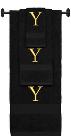 Black monogrammed towel set with Gold thread, Times New Roman font, initial Y - 540 GSM cotton 3-piece