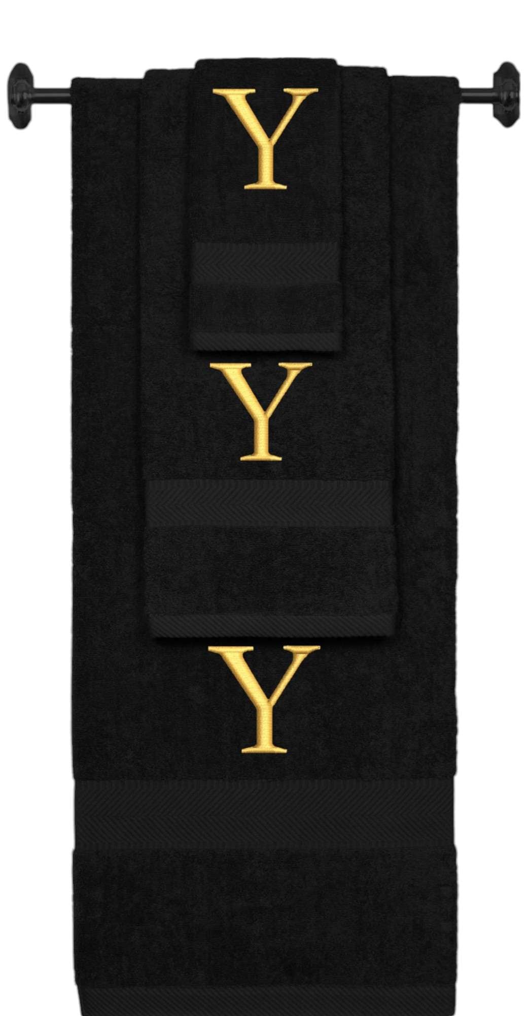 Black monogrammed towel set with Gold thread, Times New Roman font, initial Y - 540 GSM cotton 3-piece
