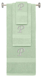 Mint Green monogrammed towel set with Silver thread, Chancery font, initial P - 540 GSM cotton 3-piece